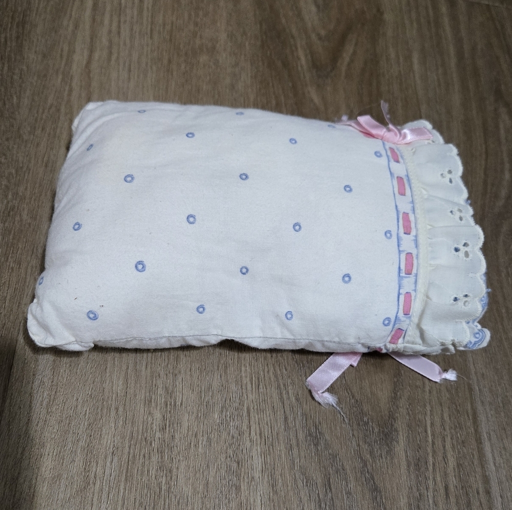 Vintage Doll Pillow White and Blue Polka Dot Pink Bow Pillow Length 8" Width 5"